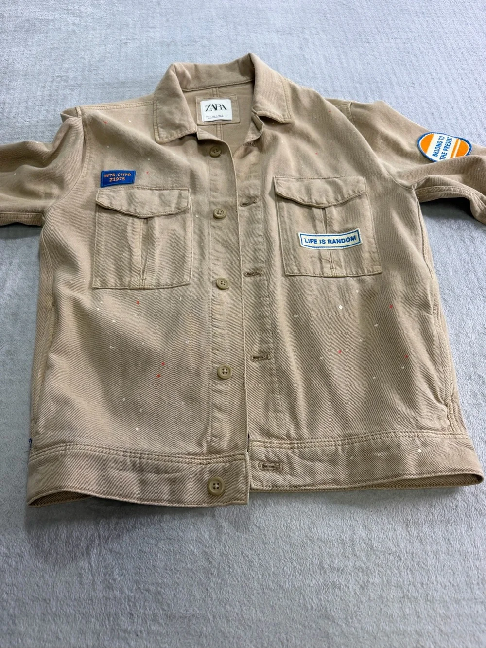 Zara Beige Utility Patch Jacket Small Paint Splatter Military Shacket